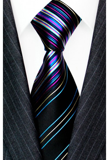 Neck Tie Silk Striped Black Blue Purple LORENZO CANA