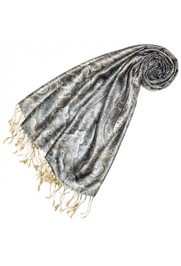 Scarf 100% Silk Pashmina Paisely Gray Ecru LORENZO CANA