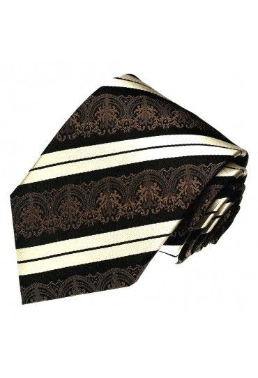 XL Neck Tie 100% Silk Striped Brown White LORENZO CANA 