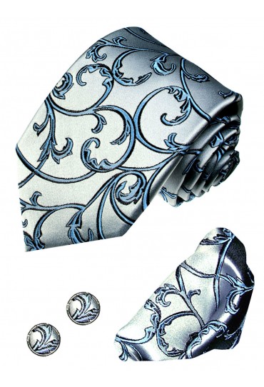 Necktie Set 100% Silk Floral Blue For Men LORENZO CANA