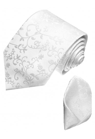 Krawattenset 100% Seide Floral weiss silber LORENZO CANA