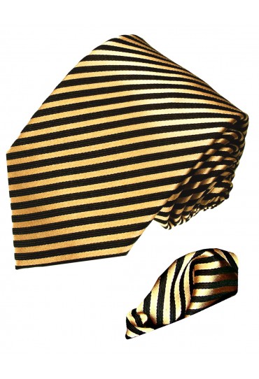 Neck Tie Set 100% Silk Striped Gold Black LORENZO CANA