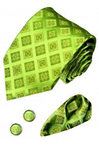 Men's Neck Tie Set 100% Silk Checkered Green LORENZO CANA 