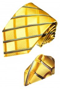 Neck Tie Set 100% Silk Checkered Gold Blue LORENZO CANA